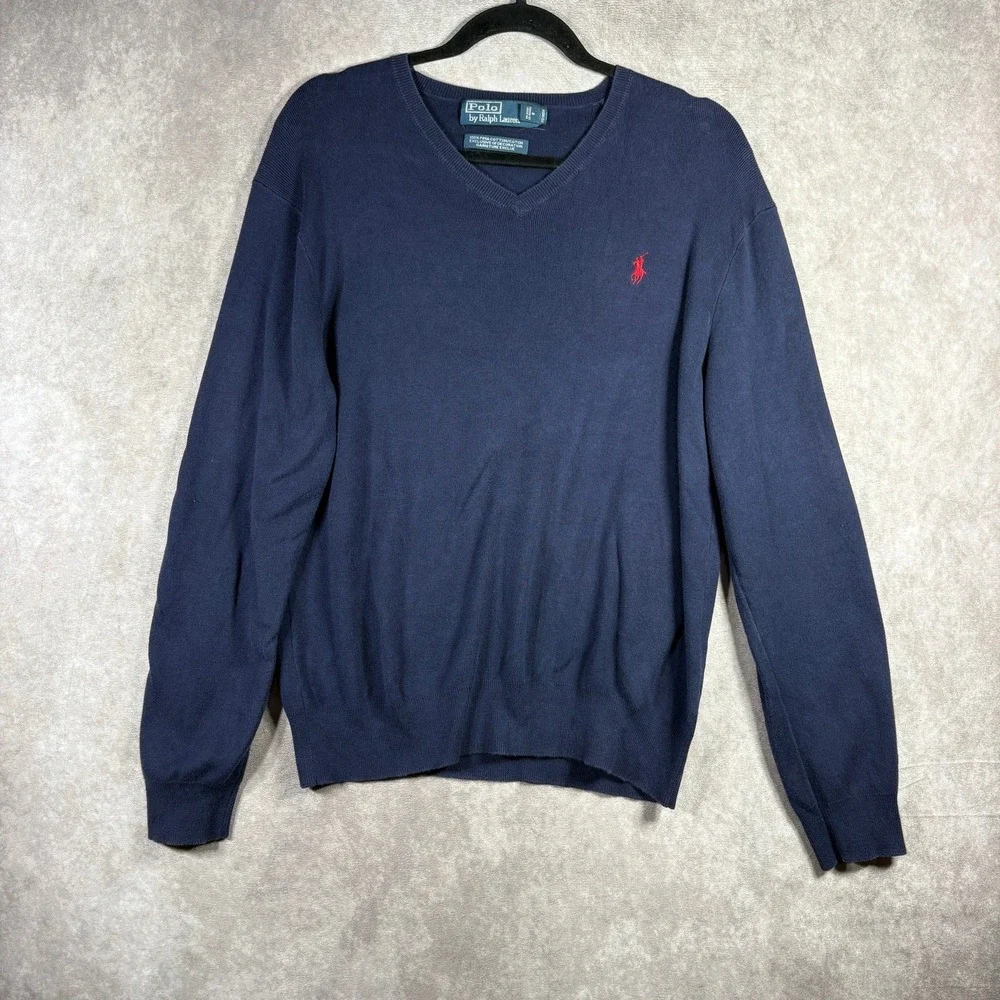 Polo Ralph Lauren Sweater Men M Blue Pima Cotton V-Neck Pullover Preppy Classic